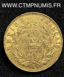 ,MONNAIE,20,FRANCS,OR,NAPOLEON,III,TETE,NUE,1855,BB,STRASBOURG,ABEILLE,CHIEN,