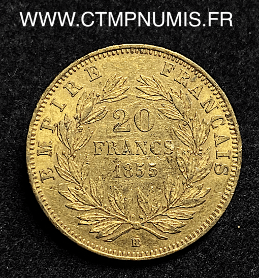 ,MONNAIE,20,FRANCS,OR,NAPOLEON,III,TETE,NUE,1855,BB,STRASBOURG,ABEILLE,CHIEN,