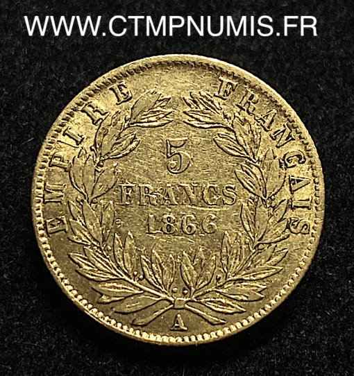 ,EMPIRE,5,FRANCS,OR,NAPOLEON,III,1866,PARIS,