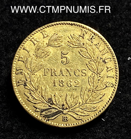 ,5,FRANCS,OR,NAPOLEON,III,1862,BB,STRASBOURG,