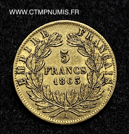 ,EMPIRE,5,FRANCS,OR,NAPOLEON,III,1863,PARIS,