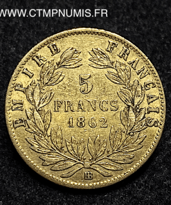 ,5,FRANCS,OR,NAPOLEON,III,1862,BB,STRASBOURG,