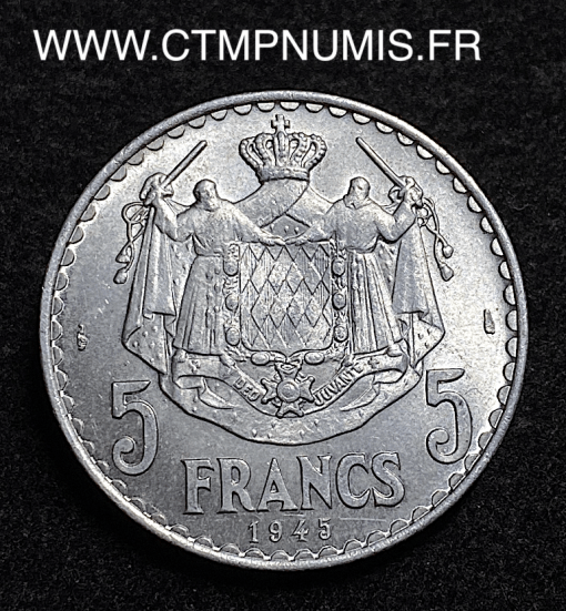 ,MONACO,5,FRANCS,ALUMINIUM,LOUIS,II,1945,SPL,