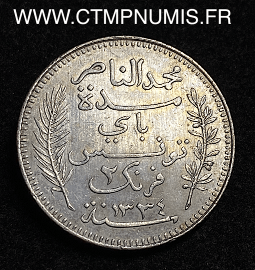,TUNISIE,2,FRANCS,ARGENT,1915,A,PARIS,SUP,