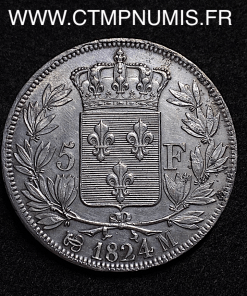 ,LOUIS,XVIII,5 FRANCS,ARGENT,1824,M,TOULOUSE,