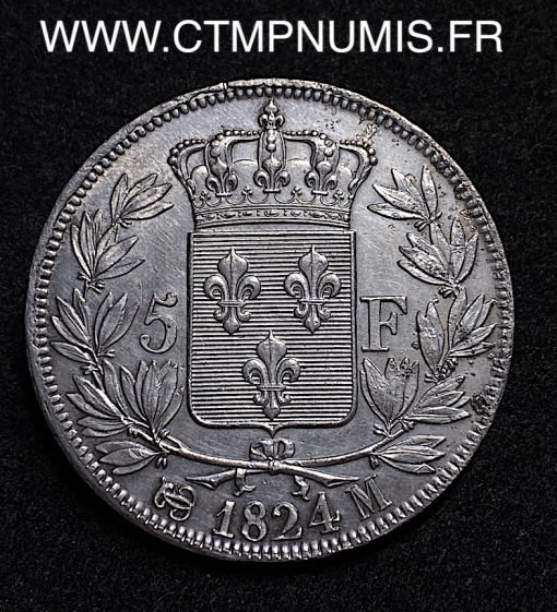 ,LOUIS,XVIII,5 FRANCS,ARGENT,1824,M,TOULOUSE,