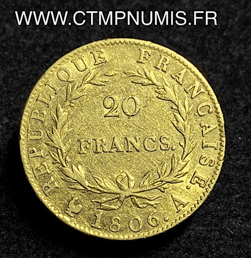 ,MONNAIE,20,FRANCS,OR,NAPOLEON,EMPEREUR,TETE,NUE,1806,PARIS,