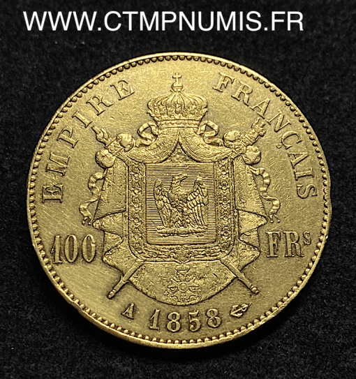,MONNAIE,EMPIRE,100,FRANCS,OR,NAPOLEON,IIITETE,NUE,1858,PARIS,