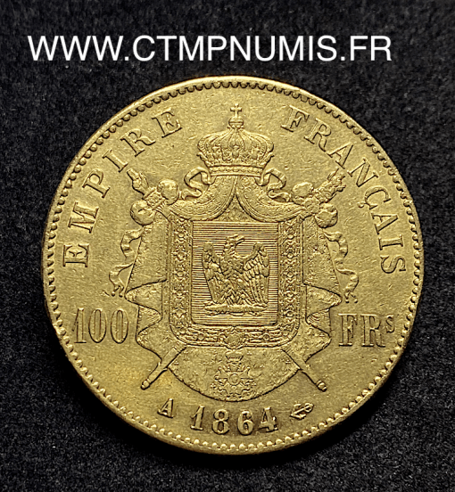 ,100,FRANCS,OR,NAPOLEON,III,TETE,LAUREE,1864,A,PARIS,