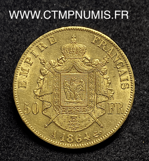 ,50,FRANCS,OR,NAPOLEON,III,TETE,LAUREE,1864,PARIS,