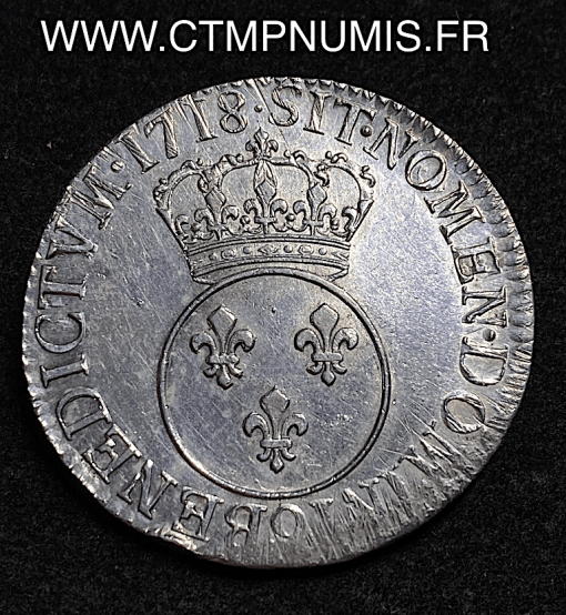 ,MONNAIE,ROYALE,LOUIS,XV,ECU,ARGENT,VERTUGADIN,1718,9,RENNES,