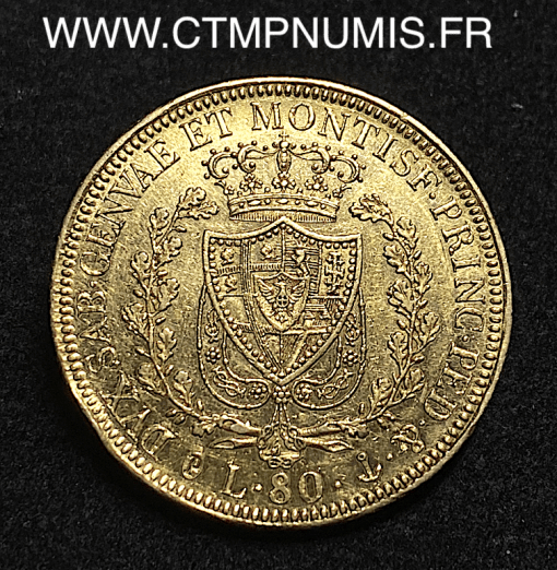 ,MONNAIE,ITALIE,80,LIRE,OR,CHARLES,FELIX,1829,GENES,