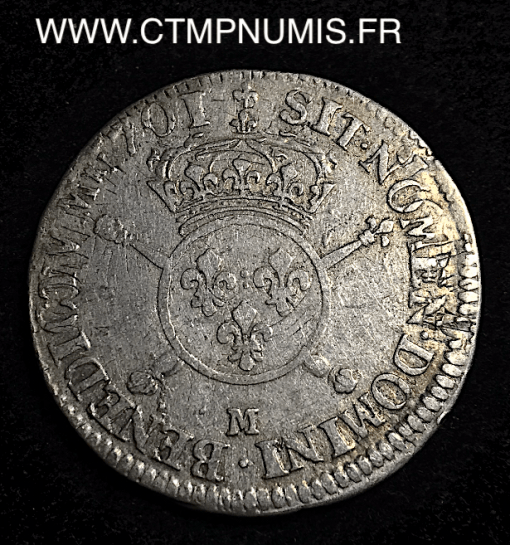 ,MONNAIE,ROYALE,LOUIS,XIV,1/2,ECU,ARGENT,AUX,INSIGNES,1701,M,TOULOUSE,