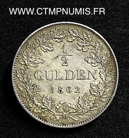 ,MONNAIE,ALLEMAGNE,BADEN,1/2,GULDEN,ARGENT,1862,