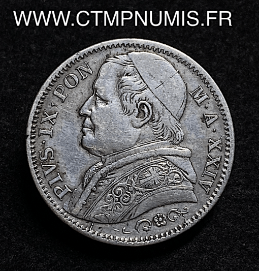 ,MONNAIE,ITALIE,VATICAN,2,LIRE,ARGENT,PIE,IX,1869,ROME,