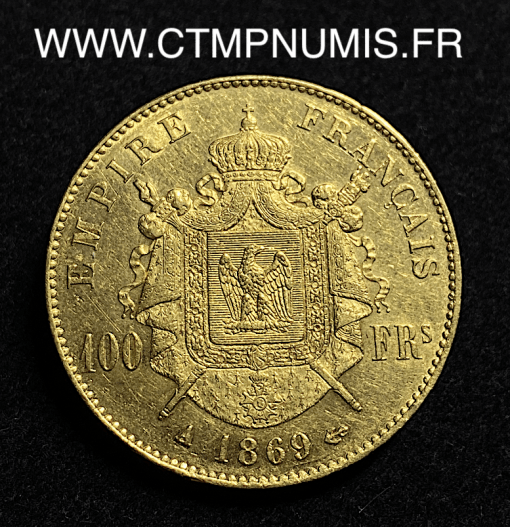,MONNAIE,EMPIRE,100,FRANCS,OR,NAPOLEON,III,TETE,LAUREE,1869,PARIS,