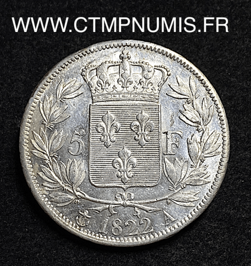 ,MONNAIE,ROYALE,LOUIS,XVIII,5,FRANCS,ARGENT,1822,PARIS,