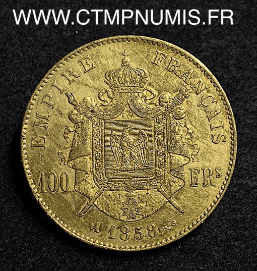 ,MONNAIE,EMPIRE,100,FRANCS,OR,NAPOLEON,III,TETE,NUE,1858,PARIS,