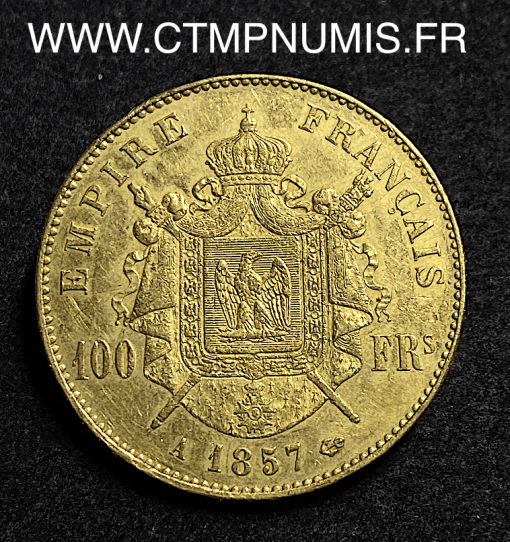 ,MONNAIE,EMPIRE,100,FRANCS,OR,NAPOLEON,III,TETE,NUE,1857,PARIS,