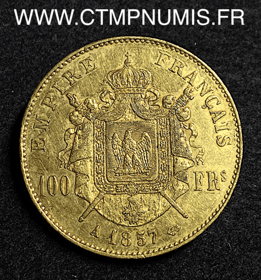 ,MONNAIE,EMPIRE,100,FRANCS,OR,NAPOLEON,III,TETE,NUE,1857,PARIS,