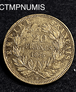 ,MONNAIE,EMPIRE,20,FRANCS,OR,NAPOLEON,III,TETE,NUE,1855,BB,STRASBOURG,TETE,DE,CHIEN,