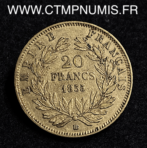 ,EMPIRE,20,FRANCS,OR,NAPOLEON,III,TETE,NUE,1855,BB,STRASBOURG,CHIEN,