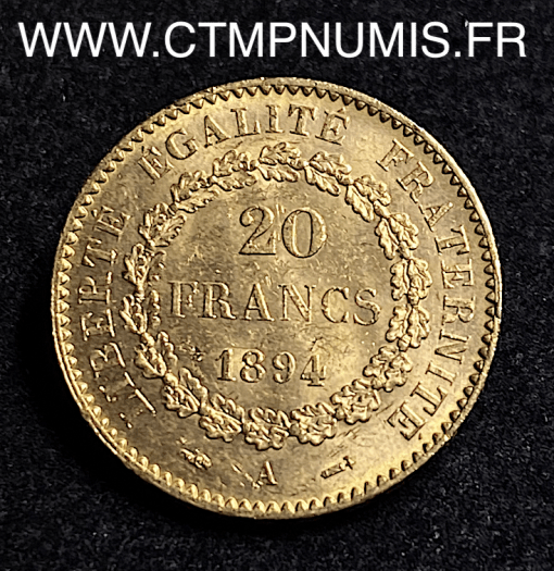 ,MONNAIE,III°,REPUBLIQUE,20,FRANCS,OR,GENIE,1894,PARIS,