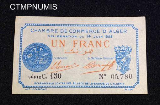 ,BILLET,ALGERIE,1,FRANC,1922,CHAMBRE,COMMERCE,ALGER,