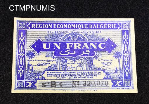 ,BILLET,ALGERIE,1,FRANC,CHAMBRE,COMMERCE,ALGER,1944,