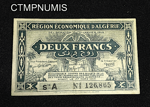 ,BILLET,NECESSITE,ALGERIE,2,FRANCS,1944,VERT,