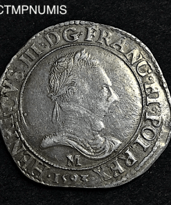 ,MONNAIE,ROYALE,HENRI,III,FRANC,ARGENT,1593,M,TOULOUSE,