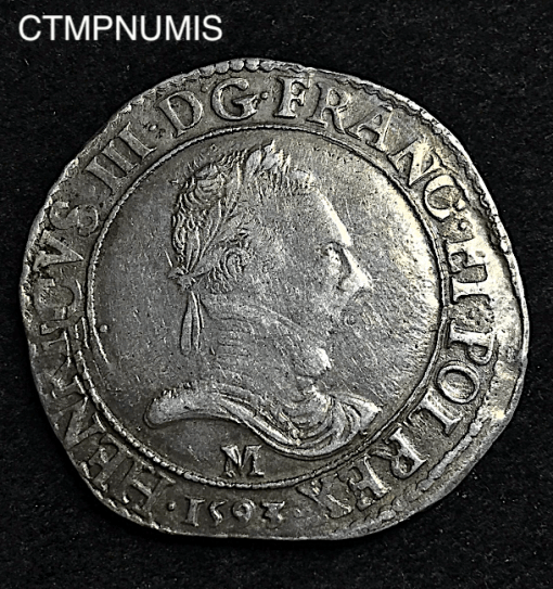 ,MONNAIE,ROYALE,HENRI,III,FRANC,ARGENT,1593,M,TOULOUSE,