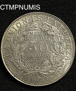 MONNAIE,BOLIVIE,50,CENTAVOS,ARGENT,1900,