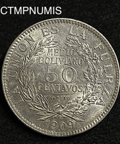 ,MONNAIE,BOLIVIE,50,CENTAVOS,ARGENT,1909,