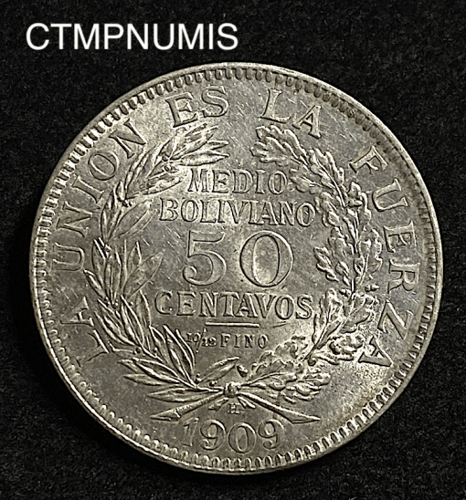 ,MONNAIE,BOLIVIE,50,CENTAVOS,ARGENT,1909,