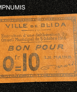 ,BILLET,ALGERIE,BLIDA,1O ,CENTIMES,1916,