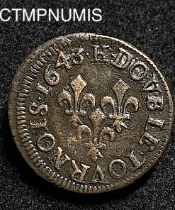 ,MONNAIE,ROYALE,LOUIS,XIII,DOUBLE,TOURNOIS,1643,H,LA,ROCHELLE,