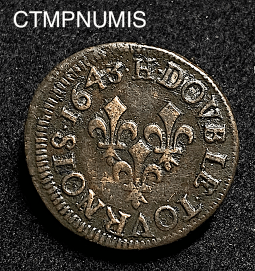 ,MONNAIE,ROYALE,LOUIS,XIII,DOUBLE,TOURNOIS,1643,H,LA,ROCHELLE,