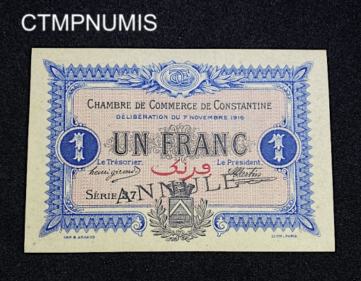 ,BILLET,ALGERIE,1,FRANC,1916,CONSTANTINE,ANNULE,