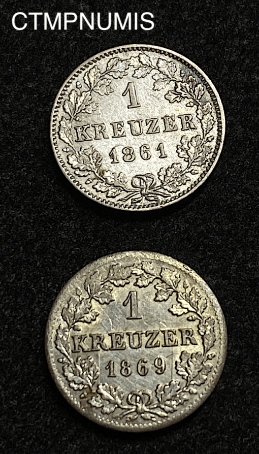 1,KREUZER,WURTTEMBERG,1861,BAVIERE,1869,