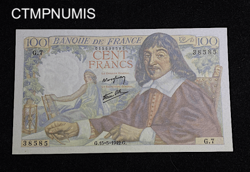 ,BILLET,100,FRANCS,DESCARTES,15,5,1942,NEUF,