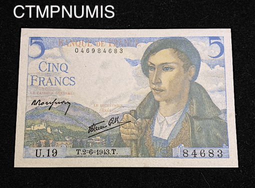 ,BILLET,5,FRANCS,BERGER,1943,NEUF,