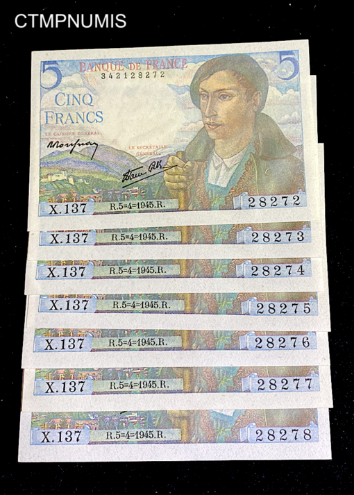 ,BILLET,FRANCE,5,FRANCS,BERGER,5,4,1945,NEUF,