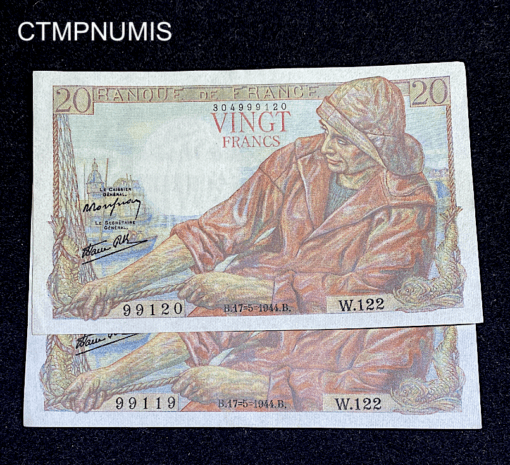 ,BILLET,FRANCE,20,FRANCS,PECHEUR,17,5,1944,