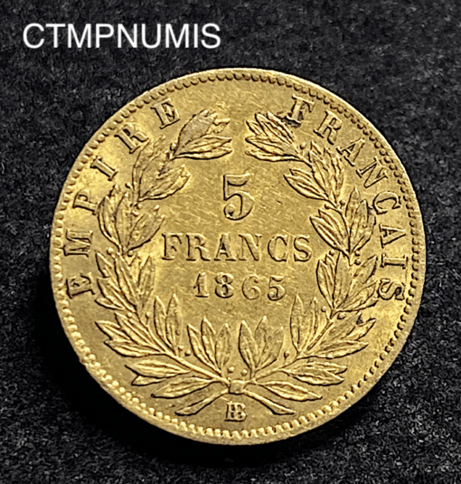 ,MONNAIE,5,FRANCS,OR,NAPOLEON,1865,BB,STRASBOURG,
