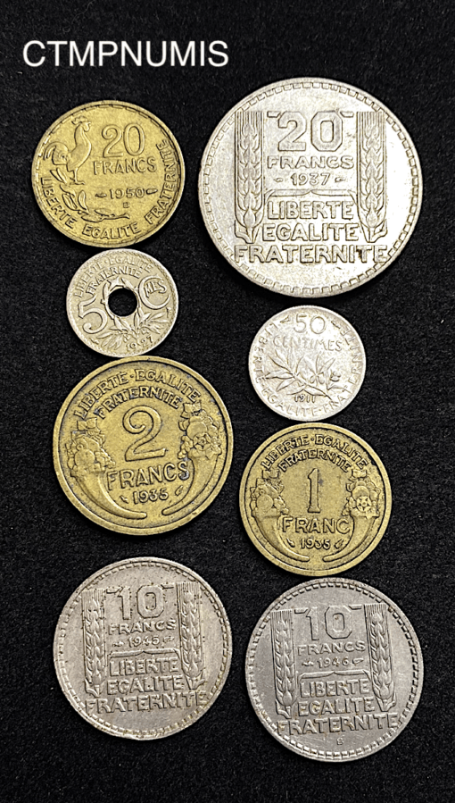 ,MONNAIE,FRANCAISE,LOT,DE,8,PIECES,PEU,COMMUNES