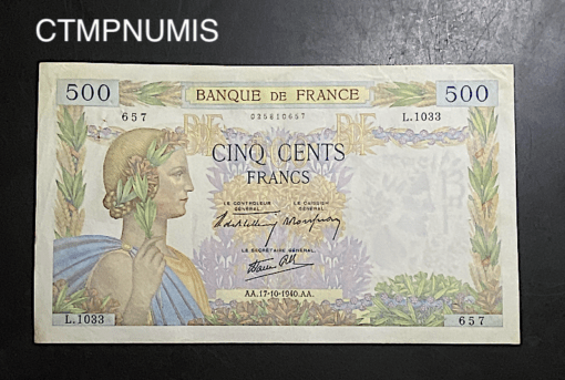 ,BILLET,500,FRANCS,LA,PAIX,17,10,1940,