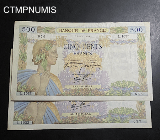 ,BILLET,500,FRANCS,LA,PAIX,17,10,1940,