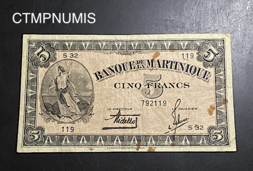 ,BILLET,BANQUE,MARTINIQUE,1942,5,FRANCS,