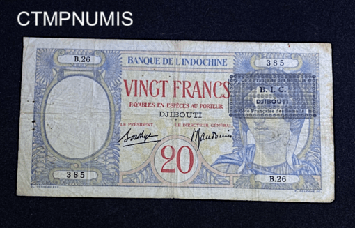 ,BILLET,20,FRANCS,DJIBOUTI,1936,SURCHARGE,BIC,